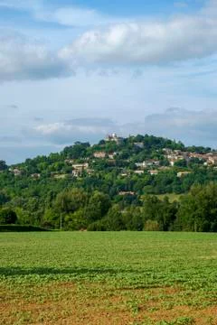 Early summer view across fields to hilltop Penne d'Agenais. Stock Photos