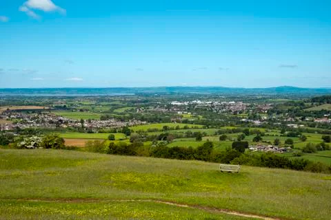 Early summer view over patchwork fields in the Severn Vale from Selsley Commo 스톡 사진