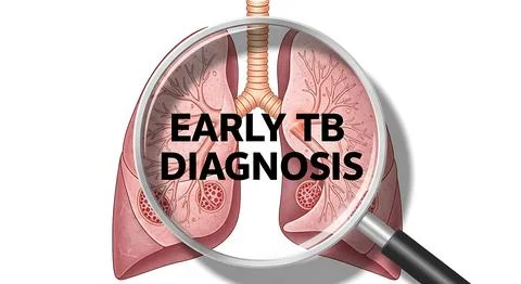 Early tuberculosis diagnosis concept using magnifying glass over lung illus.. Stock Illustration