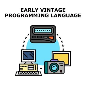 Early vintage programming language concept with retro devices 스톡 일러스트