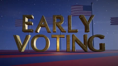 Early Voting Gold 3D Letters with Waving American Flags on a Red and Blue Stock Footage 342715508
