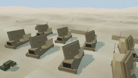 Early warning radar farm rows turning Video stock 342261257