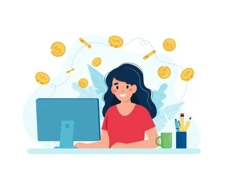 Earn money online, woman with a computer and coins. Vector illustration in flat Stock Illustration