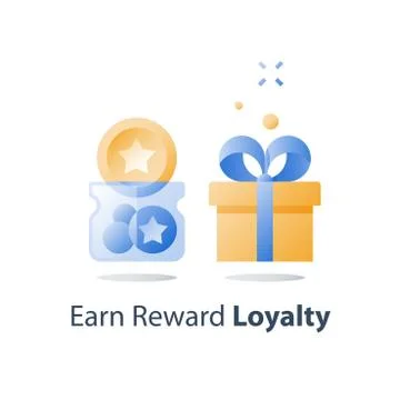 Earn points, loyalty program, collect bonus tokens, reward gift, present box, Illustrazione stock