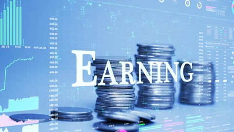 Earning text on coins stack increase with business data hologram. Stock Footage 281224619