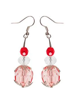 Earrings in red glass with silver elements. white background Stock Photos