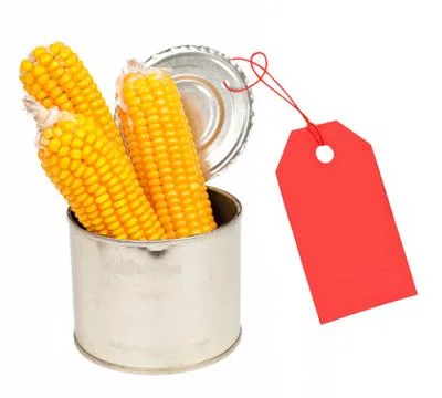 Ears of corn in a can with a label Stock Photos