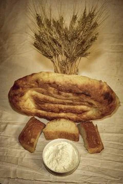 Ears of wheat, bread, flour, still life Stock Photos