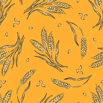Ears of wheat. Cereal seamless pattern on orange background for textile or Stock Illustration