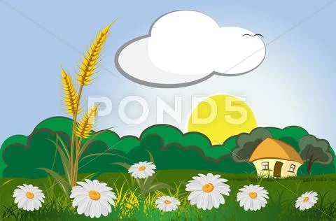Ears of wheat with landscape, sky and flowers Stock Illustration