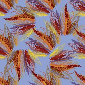 Ears of wheat. Seamless pattern. Reddish-brown and blue colors. Stock Illustration