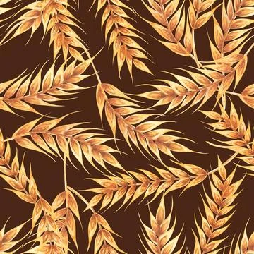 Ears wheat spikelets on a brown background. Watercolor seamless pattern hand Stock Illustration