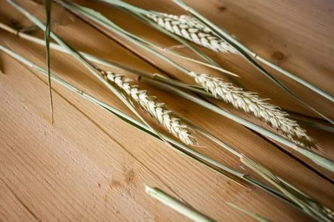 Ears of wheat on wooden surface Stock Photos