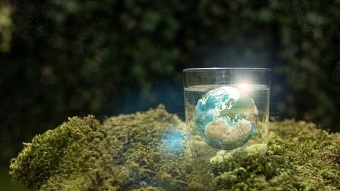 Earth 3D Global Plexus Concept In Glass Of Water On Moss Background Stock Illustration