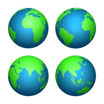 Earth 3d globe. World map with green continents and blue oceans. Vector isolated Stock Illustration
