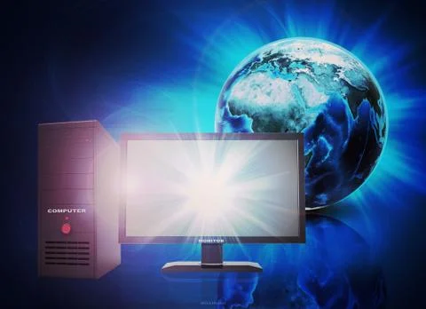 Earth on abstract blue background with PC computer Illustrazione stock