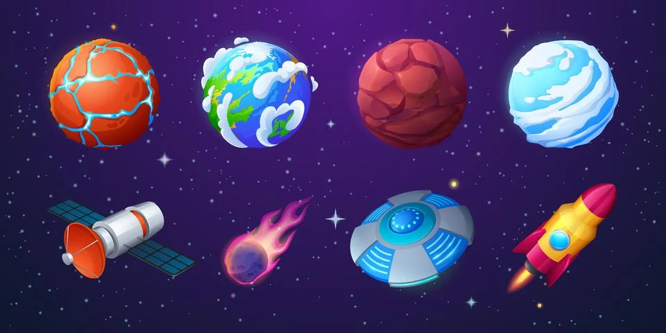 Earth, alien planets, rocket, ufo, meteor Stock Illustration