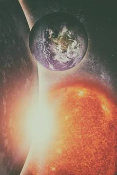 Earth and galaxy. Elements of this image furnished by NASA. Earth, sun and... Foto stock