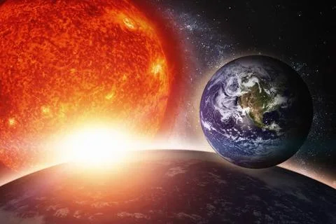 Earth and galaxy. Elements of this image furnished by NASA. Earth, sun and... Stockfoto's