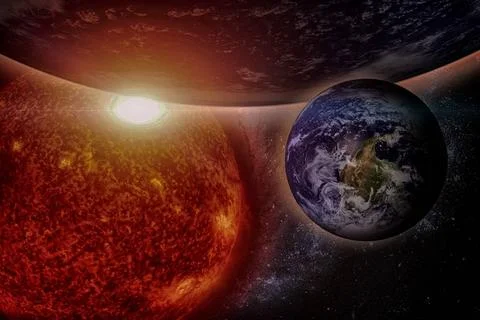 Earth and galaxy. Elements of this image furnished by NASA. Earth, sun and... Stockfoto's