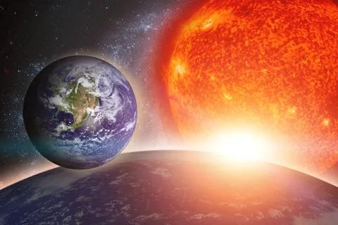 Earth and galaxy. Elements of this image furnished by NASA. Earth, sun and... Stock Photos
