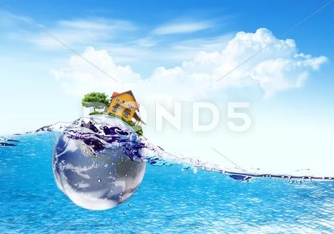 Earth and house falls deeply under water with a splash.elements of this image Stock Illustration