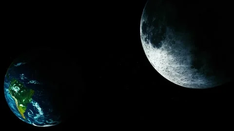 Earth and moon in outer space against a dark starry background, showing a d.. Видео 340382728