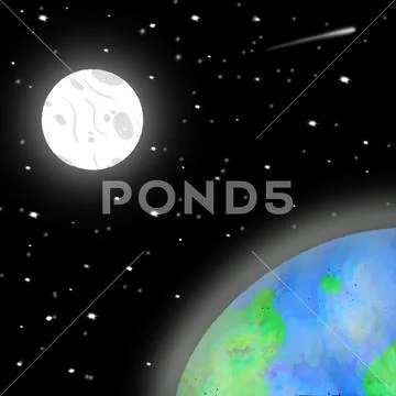 Earth and Moon in Outer Space with Starry Sky PSD Template