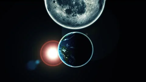 Earth and moon in space with a bright sun flare and dark background, showin.. Stock Footage 337080381