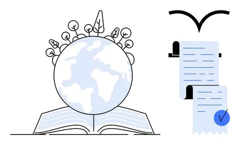 Earth and Nature on Book with Document and Checkmark in Modern Design Stock Illustration