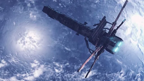 Earth and outer space ship. Futuristic space ship flying near earth. Stock Footage 150016816