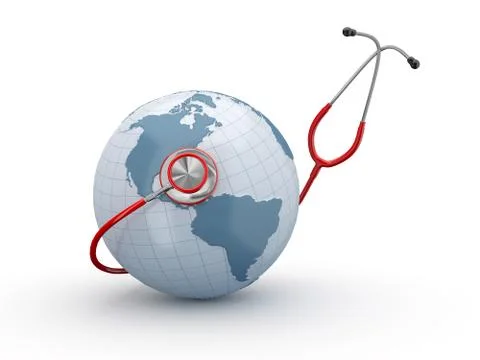 Earth and stethscope on white background. 3d Stock Illustration