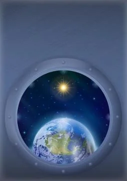 Earth and sun in space window Stock Illustration