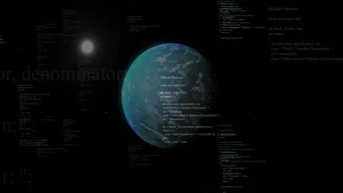 Earth appearing, rotating clockwise while C++ code drifting and covering globe, Stock Footage 311506271