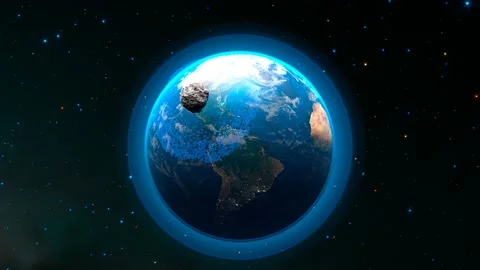 Earth being shielded from imminent meteor destruction by futuristic force shield 스톡 동영상 219510888