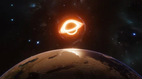 Earth &amp; The black hole with accretion disk 스톡 동영상 335650017