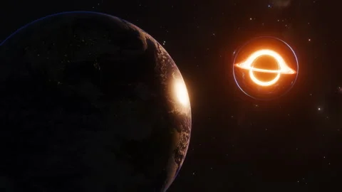Earth &amp; The black hole with accretion disk 스톡 동영상 335650036