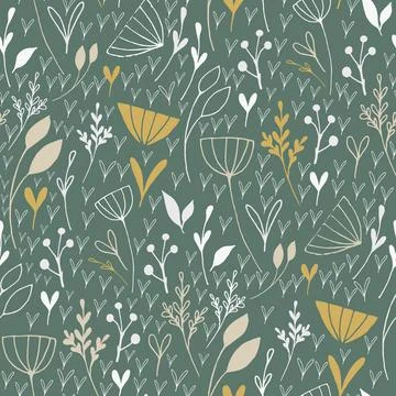 Earth botanical seamless pattern with hand drawn flowers and herbs on green Stock Illustration