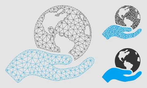 Earth Care Vector Mesh Carcass Model and Triangle Mosaic Icon Stock Illustration