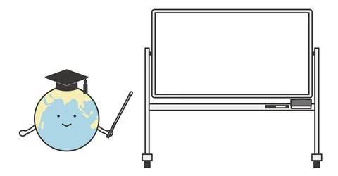 Earth character pointing with a pointer at a whiteboard. Stock Illustration