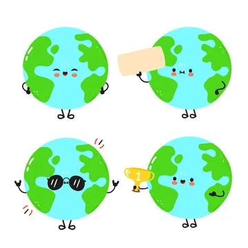 The earth characters are showing different emotions and holding props. Stock Illustration