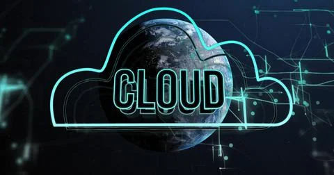 Earth with CLOUD text and digital lines, data processing image Stock Photos