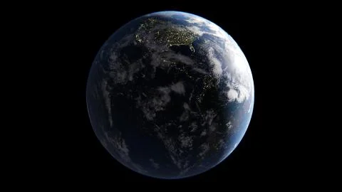 Earth with clouds illuminated by Sun on one side, on night side of lights Stock Illustration