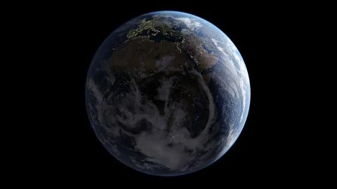 Earth with clouds illuminated by Sun on one side, on night side of lights Stock Illustration
