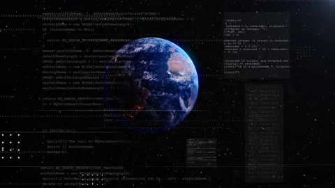 Earth code digital technology realistic globe, programming panels, data numbers, Stock Footage 340558045