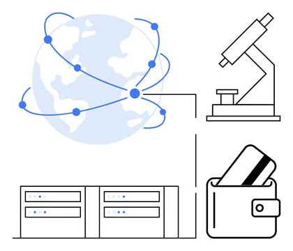 Earth with connecting lines, microscope, data servers, and wallet with card.  Stock Illustration