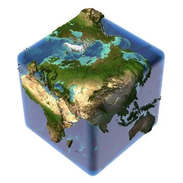 Earth as a cube with translucent body of water and a detailed relief map of the Stock Illustration