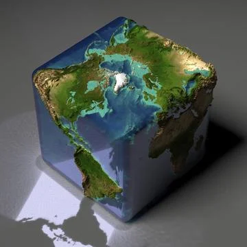 Earth is a cube with translucent water of the oceans and highlights of reflected Stock Illustration