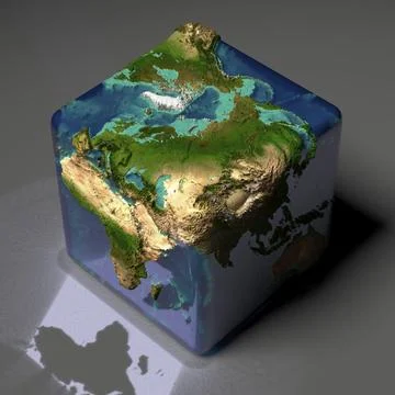 Earth is a cube with translucent water of the oceans and highlights of reflected Stock Illustration