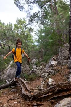 Earth day concept. happy boy explores summer forest, travels on vacation. Tea Stock Photos